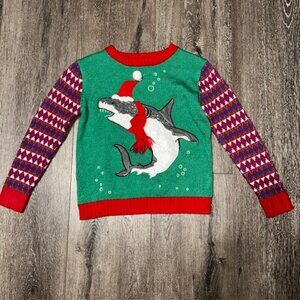 Blizzard Bay Boys Shark Santa Holiday Christmas Sweater Size 8 Green/Red Knit